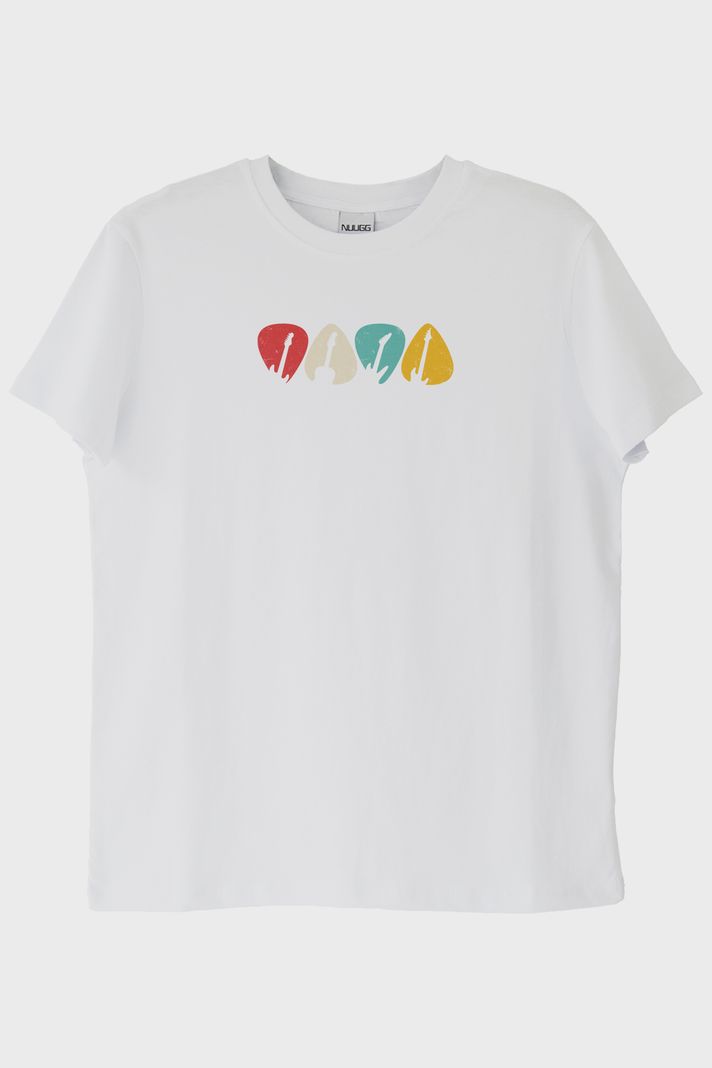 Renkli Gitar Penası Baskılı Beyaz Tişört