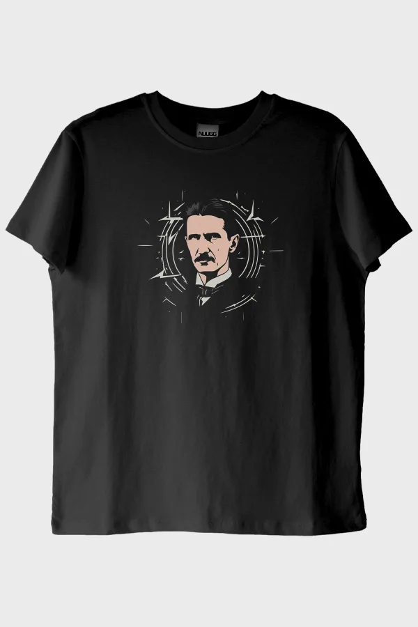 Nikola Tesla İllüstrasyon Baskılı Tasarım Siyah Tişört