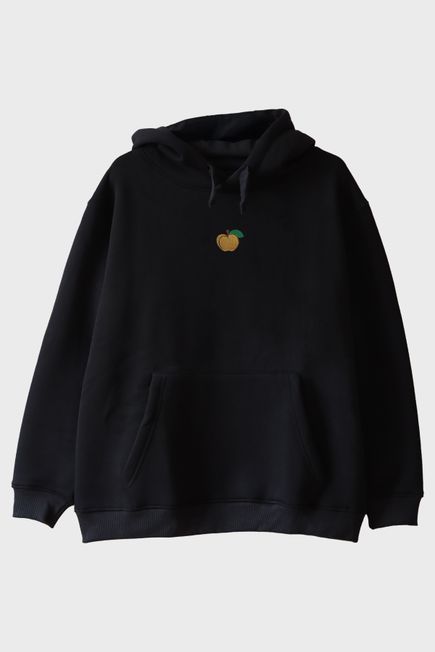 Sarı Elma Desenli Siyah Nakış Hoodie