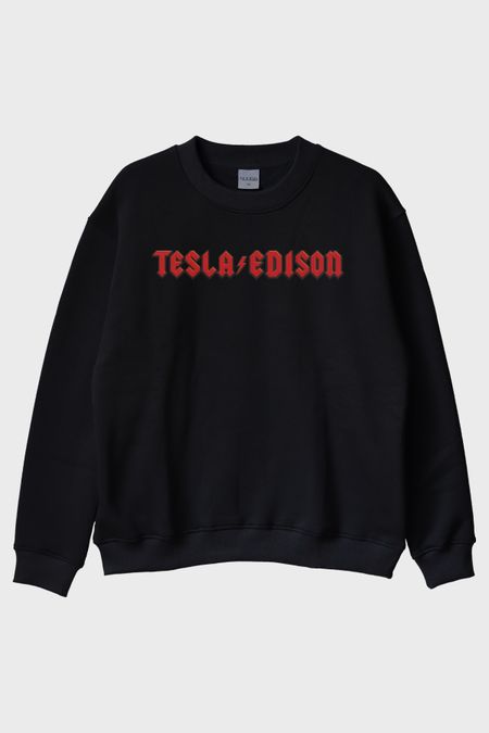 TESLA/EDISON Yıldırım Baskılı Gotik Tasarım Siyah Bisiklet Yaka Sweatshirt