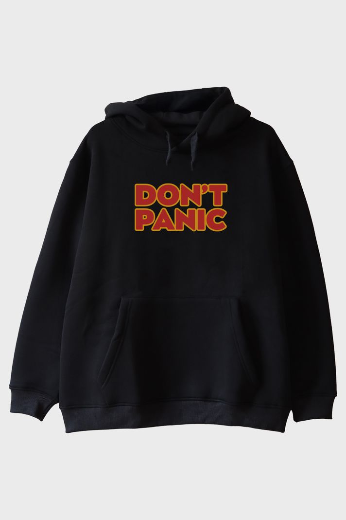 Don't Panic Baskılı Mizahi Siyah Hoodie