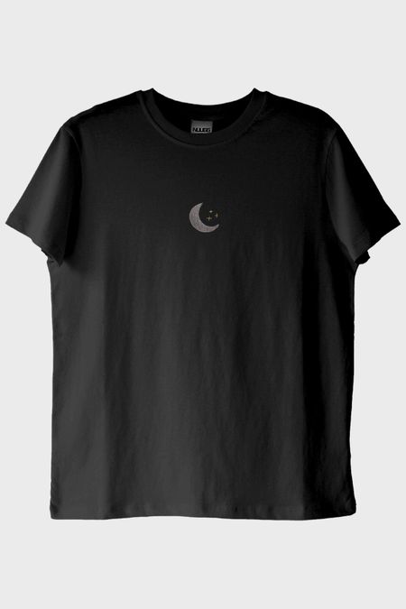 Ay Desenli Nakış Siyah T-Shirt - Sevgililer Günü Çift Tişörtleri
