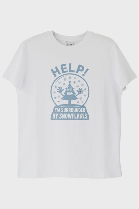 Help! I'm Surrounded by Snowflakes İronik Tasarım Baskılı Beyaz Tişört