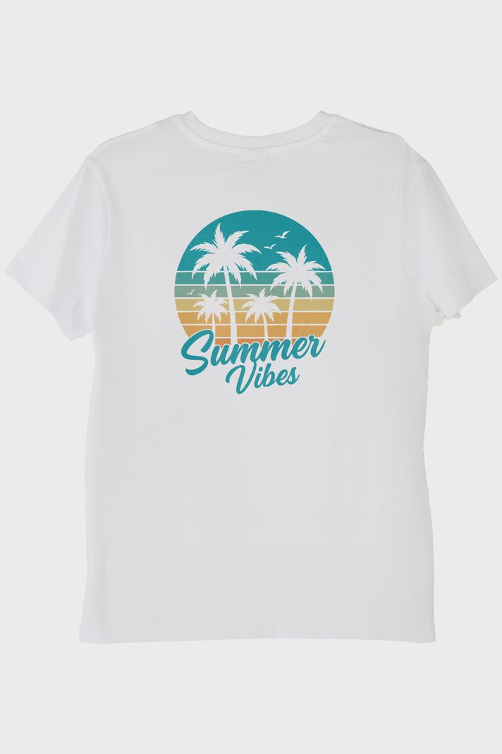 Summer Vibes Baskılı Tropik Plaj Tasarımlı Beyaz Tişört