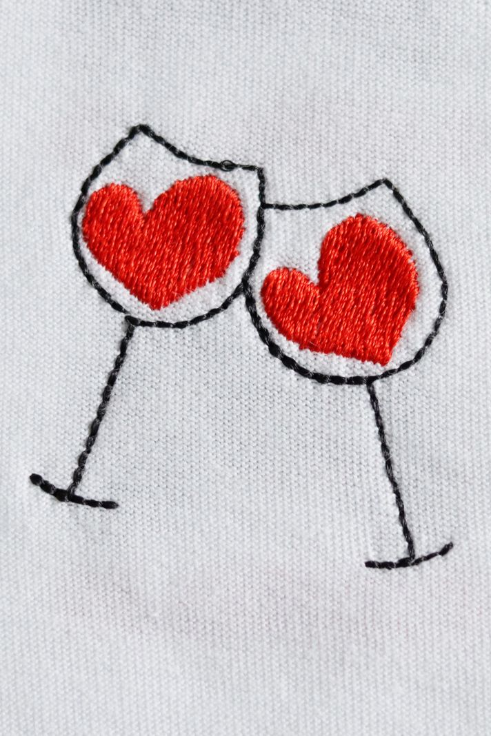 Kalpli Kadeh Desenli Nakış Tişört - Sevgililer Günü Çift Tişörtleri