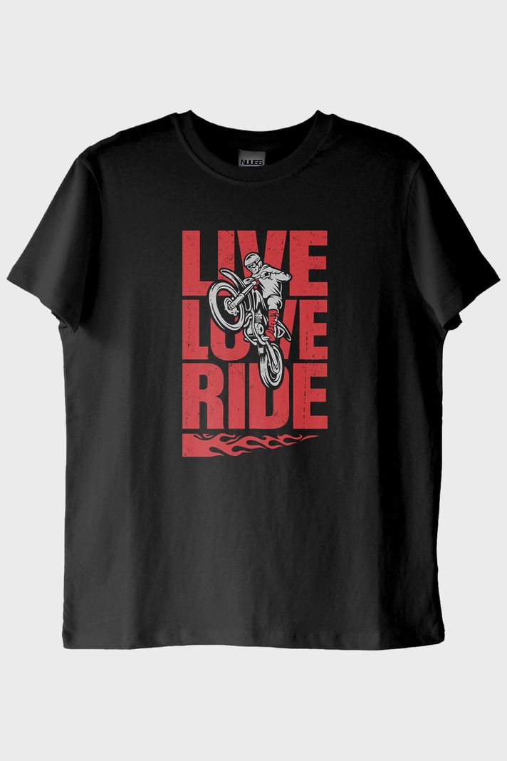 Live Love Ride Baskılı Motosiklet Siyah Tişört