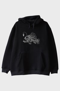 Derin Deniz Balığı İskelet Tasarımlı Baskılı Siyah Hoodie