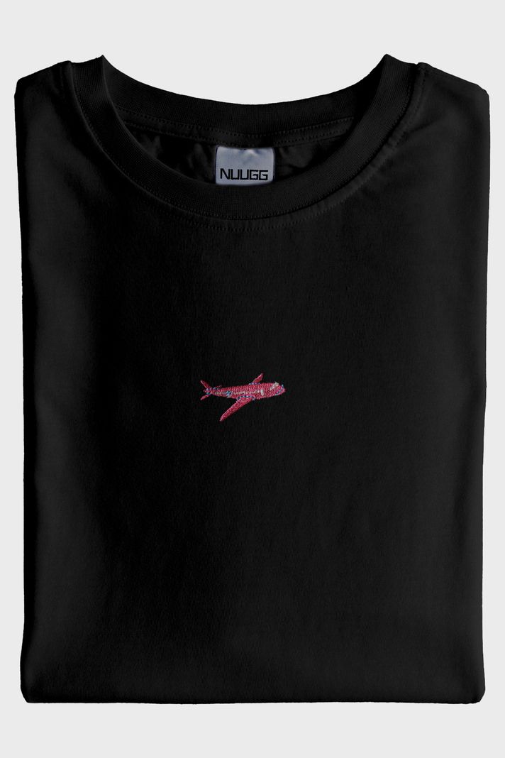 Küçük Uçak Baskılı Siyah Tişört