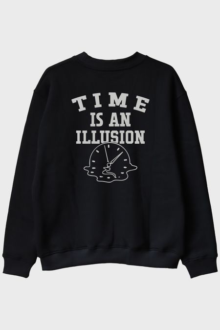 Time is an Illusion Baskılı Minimalist Siyah Bisiklet Yaka Sweatshirt