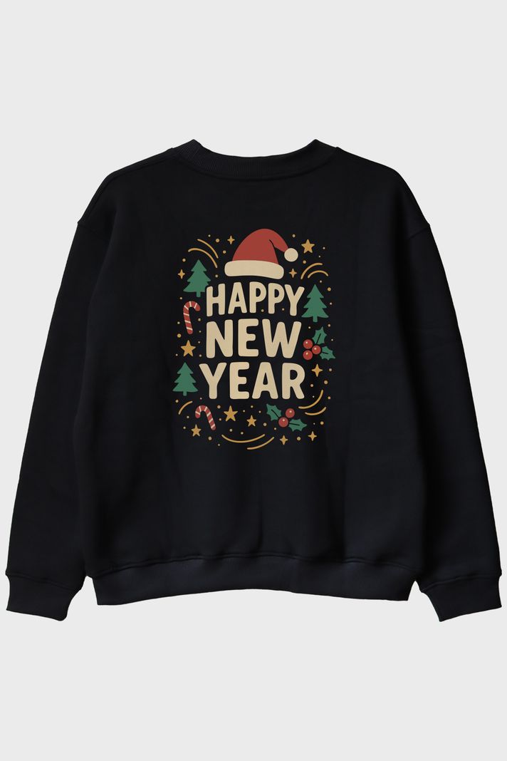 Mutlu Yılbaşı Siyah Bisiklet Yaka Sweatshirt