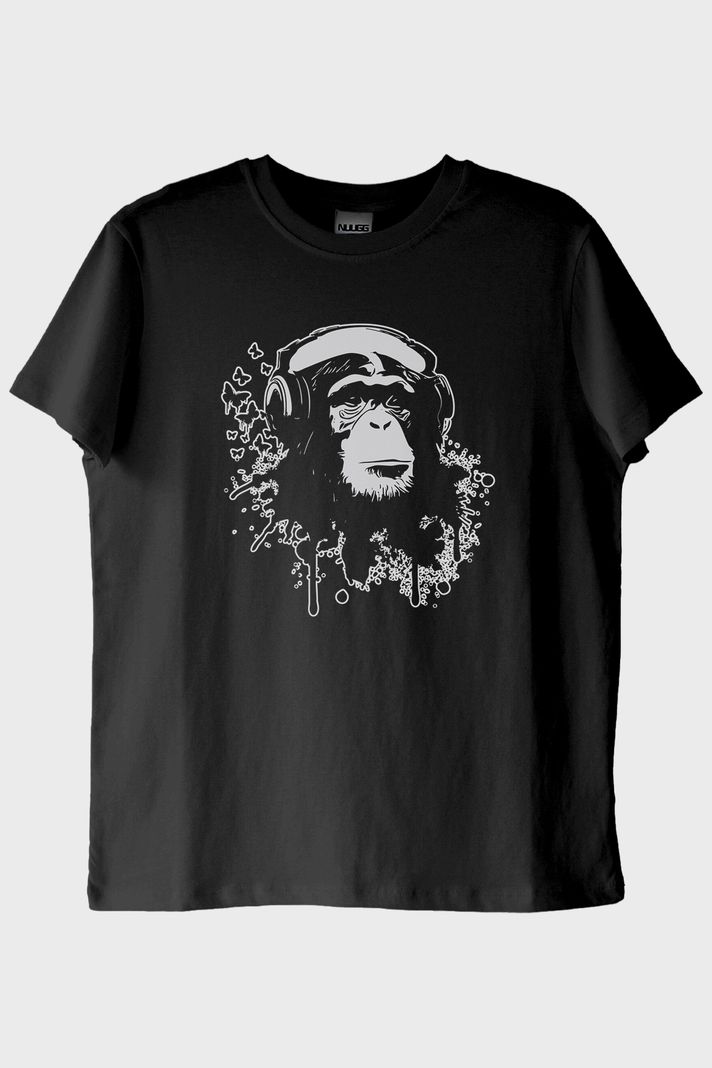 Kulaklık Takmış Goril Siyah Tişört