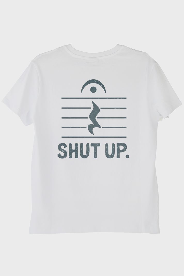 Minimalist 'Shut Up' Müzik Temalı Esprili Beyaz Tişört