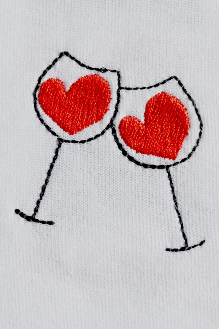 Kalpli Kadeh Desenli Nakış Tişört - Sevgililer Günü Çift Tişörtleri