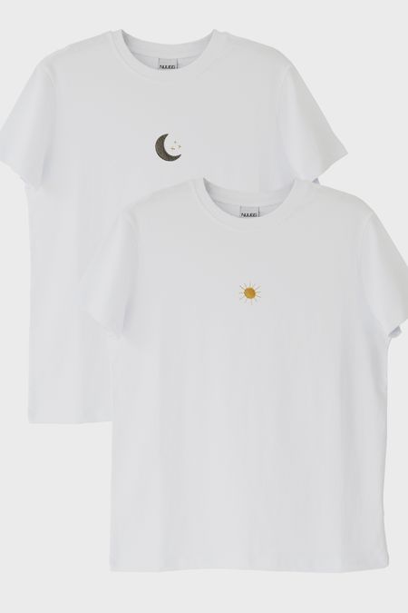 Ay ve Güneş Desenli Nakışlı Çift Kombin Tişört