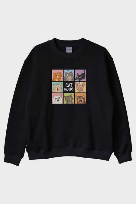 Cat Moods Siyah Bisiklet Yaka Sweatshirt