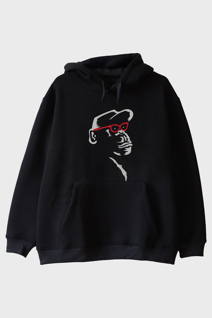 Gözlüklü Primat Minimal Tasarım Baskılı Siyah Hoodie