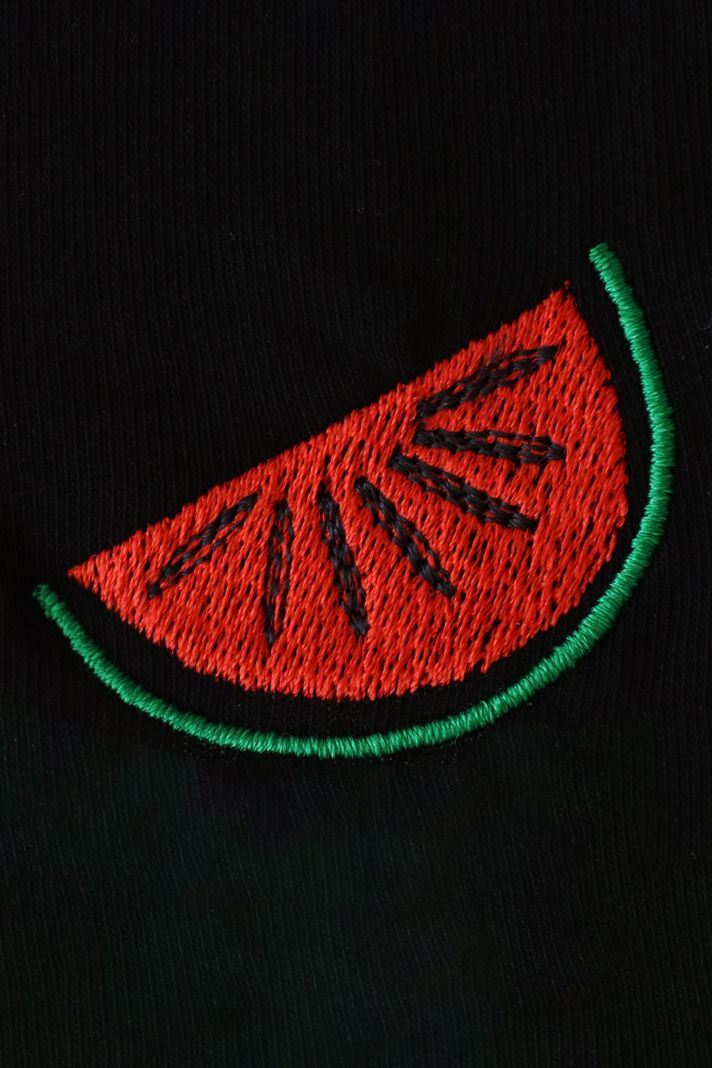 Karpuz Desenli Siyah Nakış Bisiklet Yaka Sweatshirt