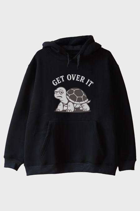 GET OVER IT Kaplumbağa Baskılı Siyah Hoodie