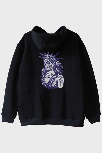 Özgürlük Heykeli Stilinde İllüstrasyonlu Baskılı Siyah Hoodie