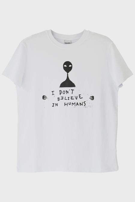 I Don’t Believe in Humans Uzaylı Baskılı %100 Pamuk Beyaz Tişört