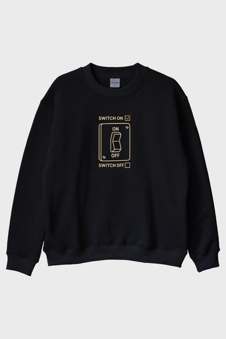 Switch On Off Elektrik Şalter Tasarımlı Baskılı Siyah Bisiklet Yaka Sweatshirt
