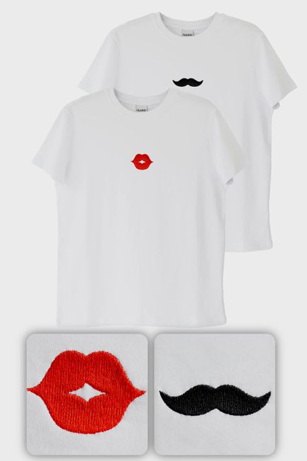 Dudak ve Bıyık Desenli Çift Kombin Tişört