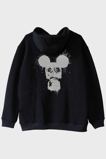 Gaz Maskesi ve Mouse Kulakları Tasarımlı Siyah Siyah Hoodie