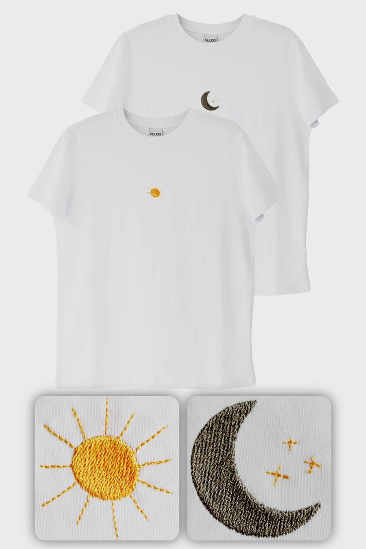 Ay ve Güneş Desenli Nakışlı Çift Kombin Tişört