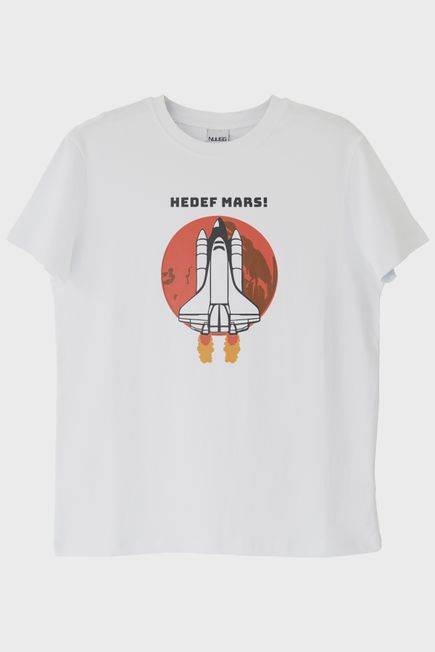 HEDEF MARS! Baskılı Uzay Temalı Beyaz Tişört