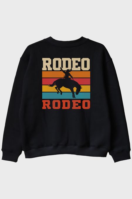 Rodeo Retro Vintage Baskılı Siyah Bisiklet Yaka Sweatshirt