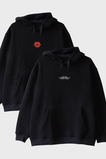 Dudak ve Bıyık Desenli Çift Kombin Hoodie