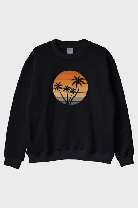 Tropik Gün Batımı Palmiye Baskılı Siyah Bisiklet Yaka Sweatshirt