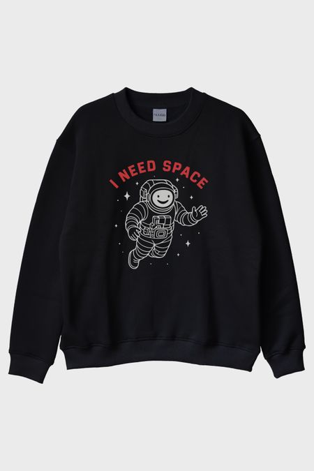 I NEED SPACE Astronot Tasarımlı Baskılı Siyah Bisiklet Yaka Sweatshirt