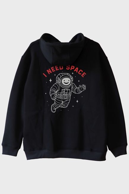 I NEED SPACE Astronot Tasarımlı Baskılı Siyah Hoodie