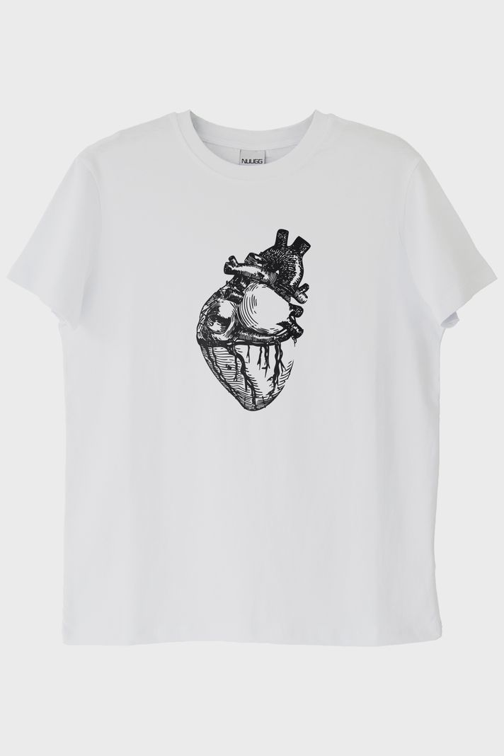 Kalp Anatomi Çizimli Minimalist Baskılı Beyaz Tişört
