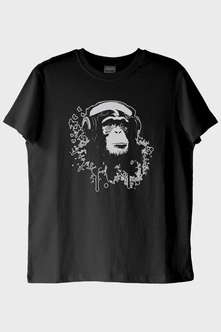 Kulaklık Takmış Goril Siyah Tişört