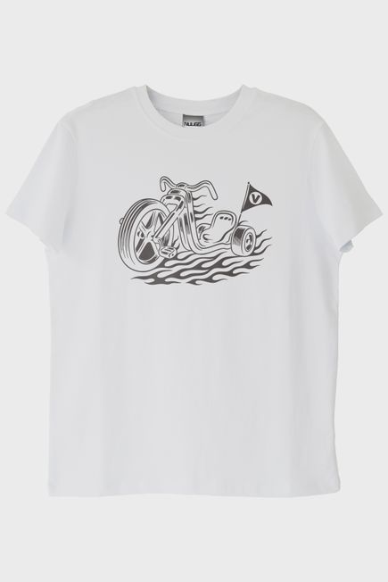 Motorlu Bayrak Tasarımlı Biker Beyaz Tişört