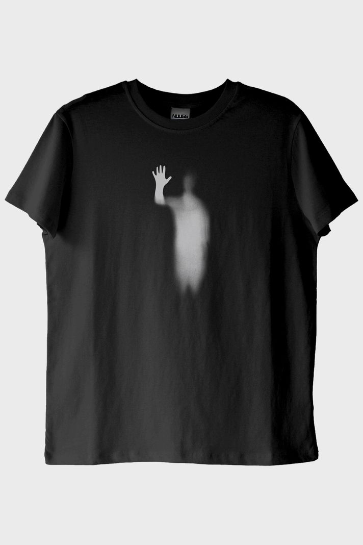 Bulanık Siluet Baskılı Siyah Tişört