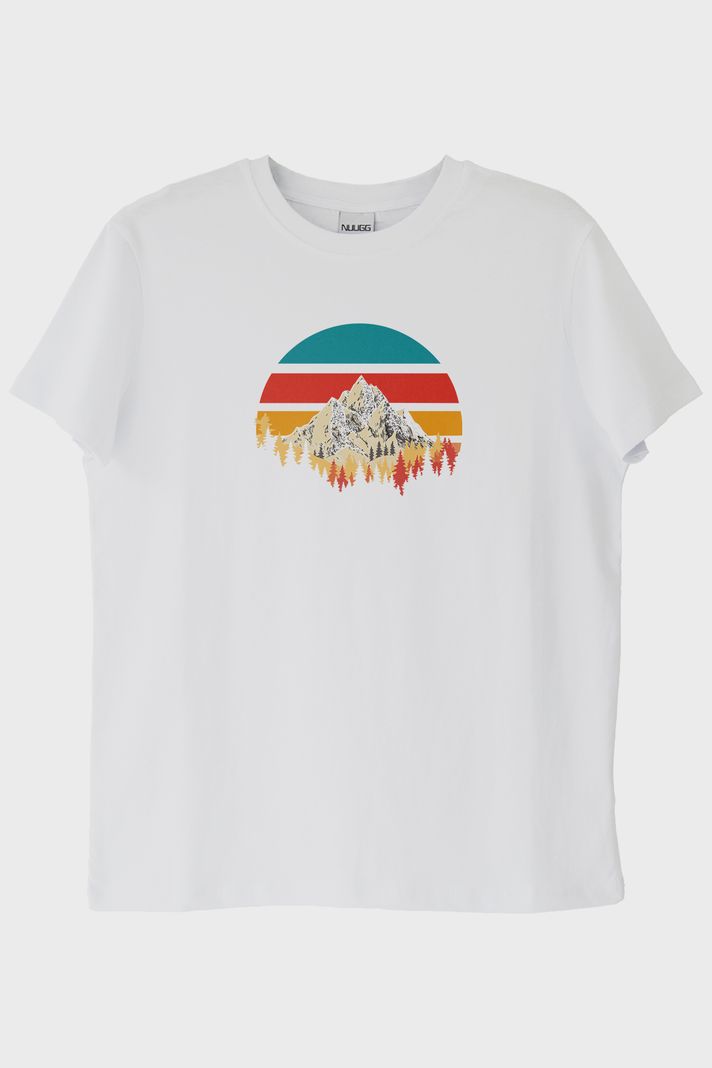 Retro Dağ Manzaralı Baskılı Minimalist Beyaz Tişört