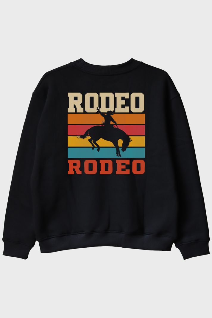 Rodeo Retro Vintage Baskılı Siyah Bisiklet Yaka Sweatshirt