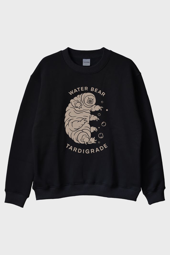 Water Bear Tardigrade Baskılı Siyah Bisiklet Yaka Sweatshirt