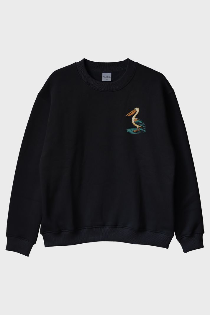 Pelikan Desenli Siyah Bisiklet Yaka Sweatshirt