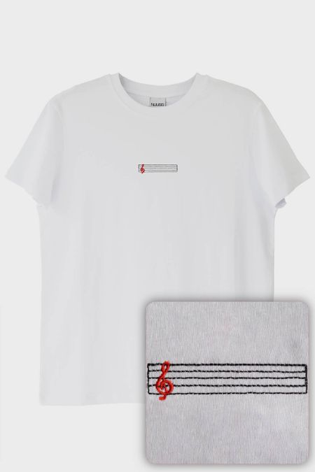 Porte Desenli Nakış Müzik T-Shirt