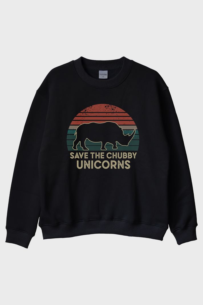 Save the Chubby Unicorns Retro Gergedan Baskılı Siyah Bisiklet Yaka Sweatshirt