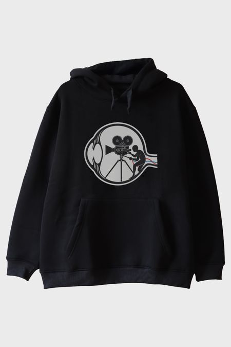 Eski Film Kamerası Baskılı Tasarım Siyah Hoodie