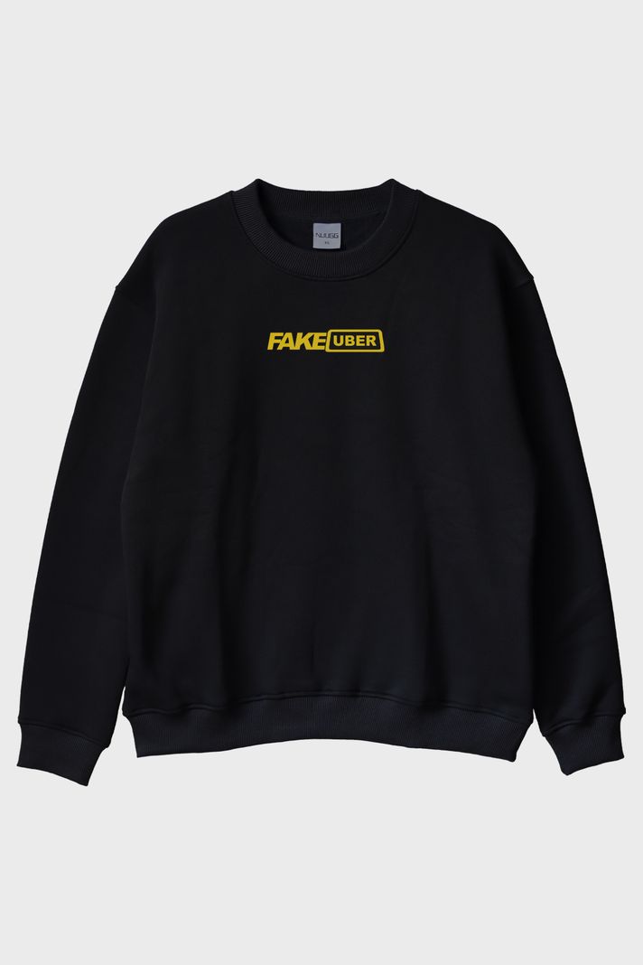 Fake Uber Mizahi Siyah Bisiklet Yaka Sweatshirt