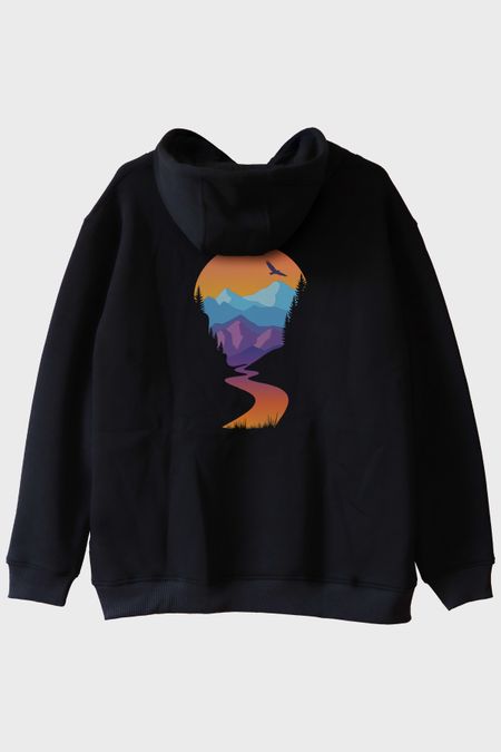 Montain Baskılı Doğal Manzara Tasarım Siyah Hoodie