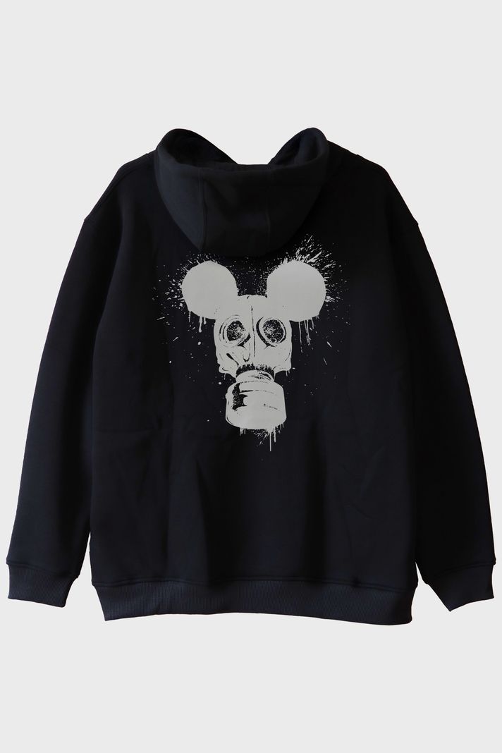 Gaz Maskesi ve Mouse Kulakları Tasarımlı Siyah Siyah Hoodie