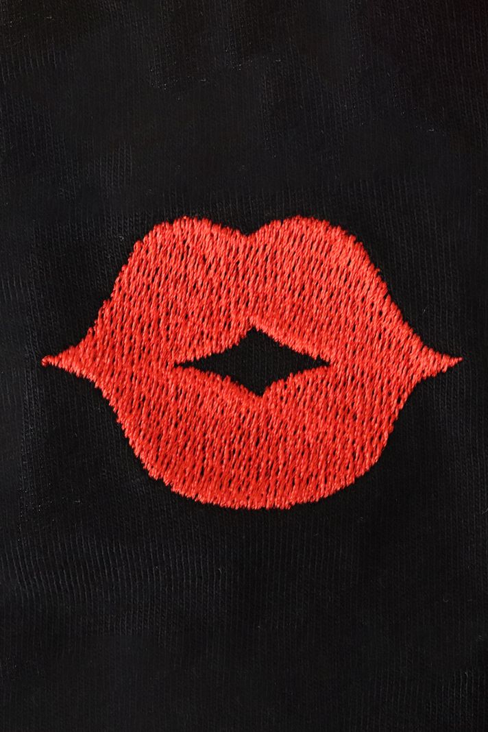 Dudak ve Bıyık Desenli Çift Kombin Siyah T-Shirt