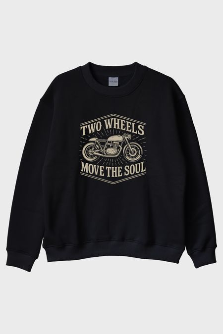 Two Wheels Move the Soul Motosiklet Tasarımlı Siyah Bisiklet Yaka Sweatshirt
